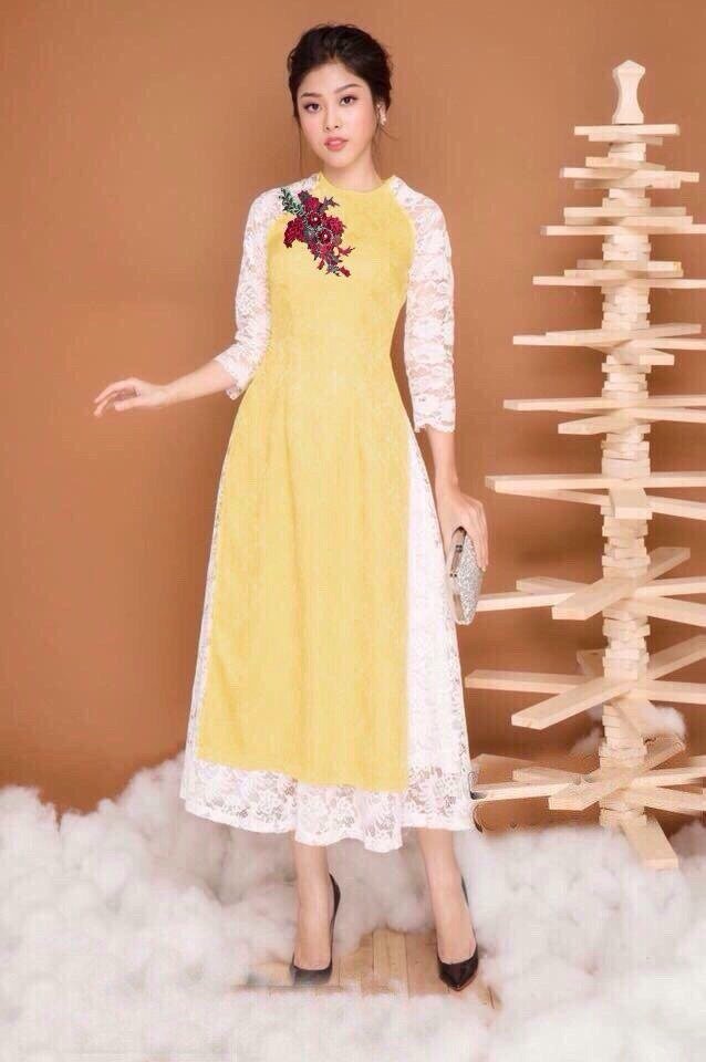 SET ÁO DÀI THÊU HOA HỒNG - AV359